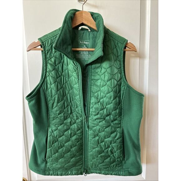 L.L. Bean Vest Women's Medium Green Quilted Fleece‎ Pockets fall hiking gameday - Picture 1 of 7